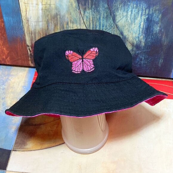 WOMEN'S REVERSIBLE BUCKET HAT EMBROIDERED BUTTERFLY x PINK TIE DYE Y2K 90's VIBE - Picture 4 of 4